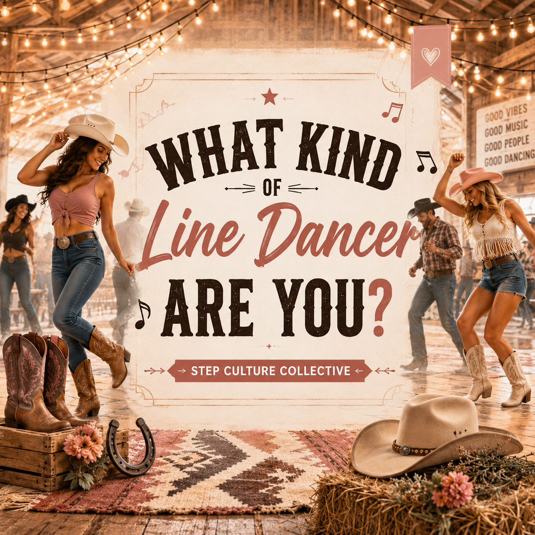 What Kind of Line Dancer Are You blog image with western line dancers in a rustic barn and Step Culture Collective branding.