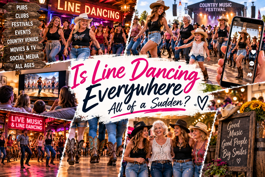 Line dancing everywhere collage showing dancers of all ages at pubs, clubs, festivals, events, on TV and social media.