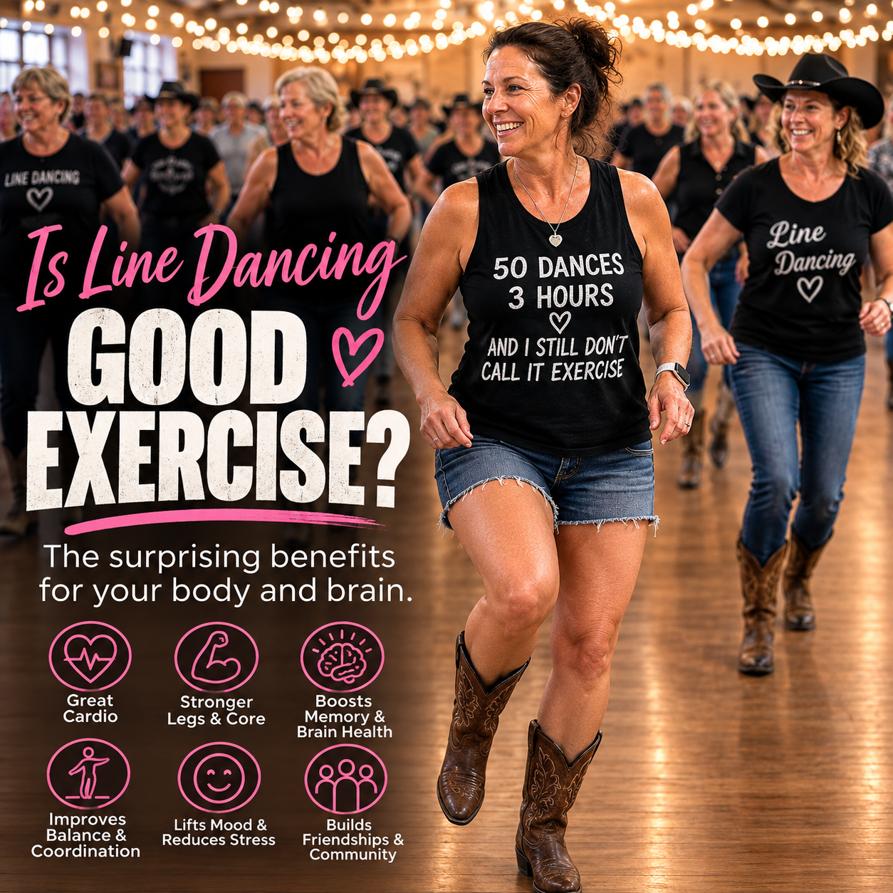 Line dancers enjoying an energetic group session in a warm dance hall, illustrating the physical, cardiovascular and cognitive benefits of line dancing.