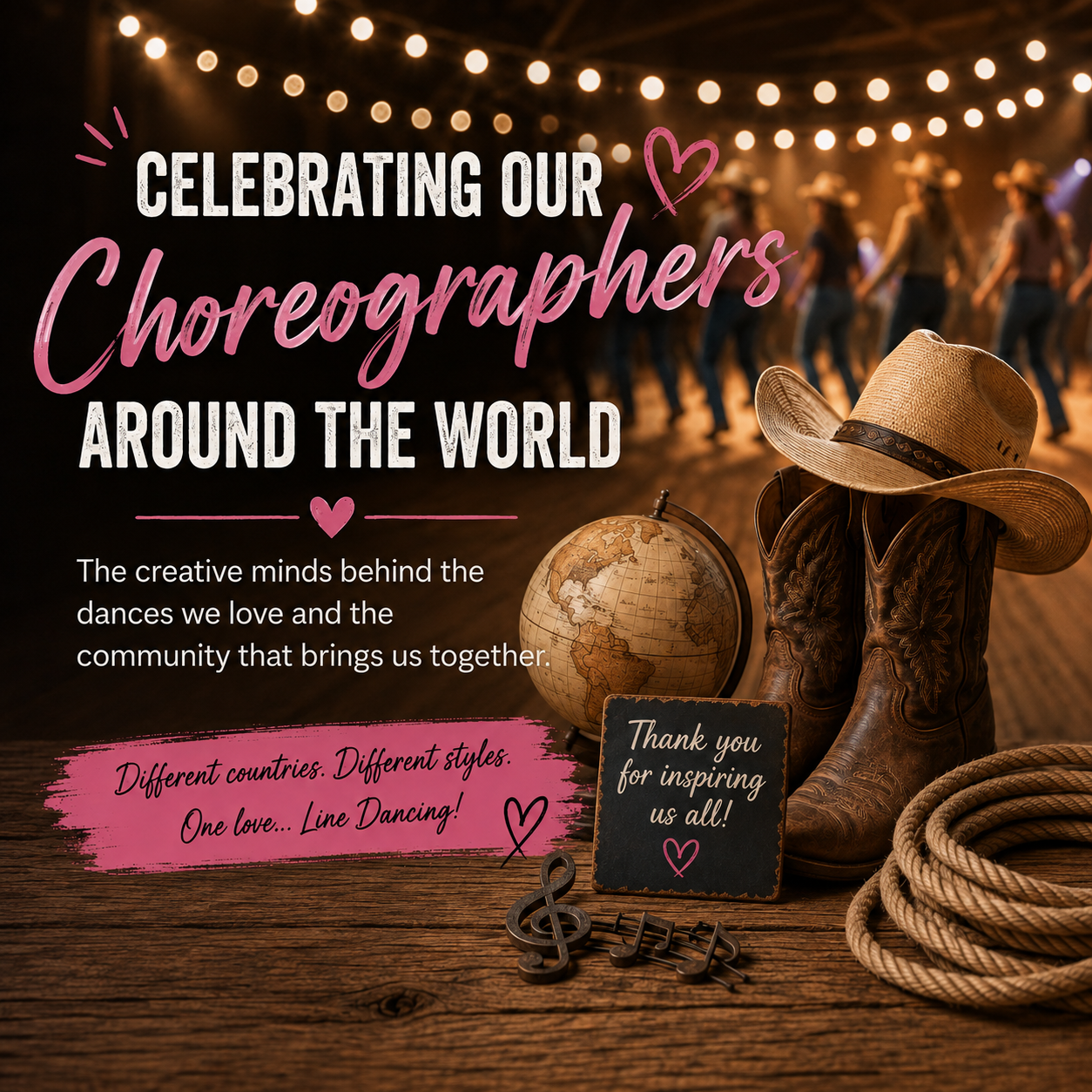 Cowboy boots, hat and globe celebrating line dance choreographers from around the world.