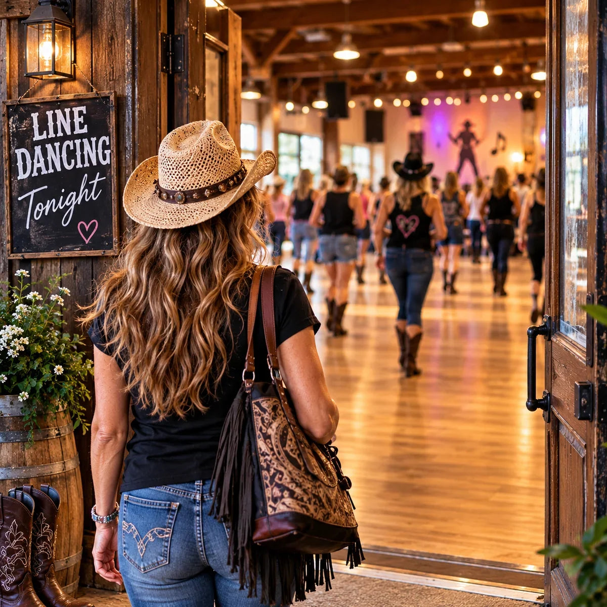 A new line dancer walks through the doors into a welcoming line dancing hall