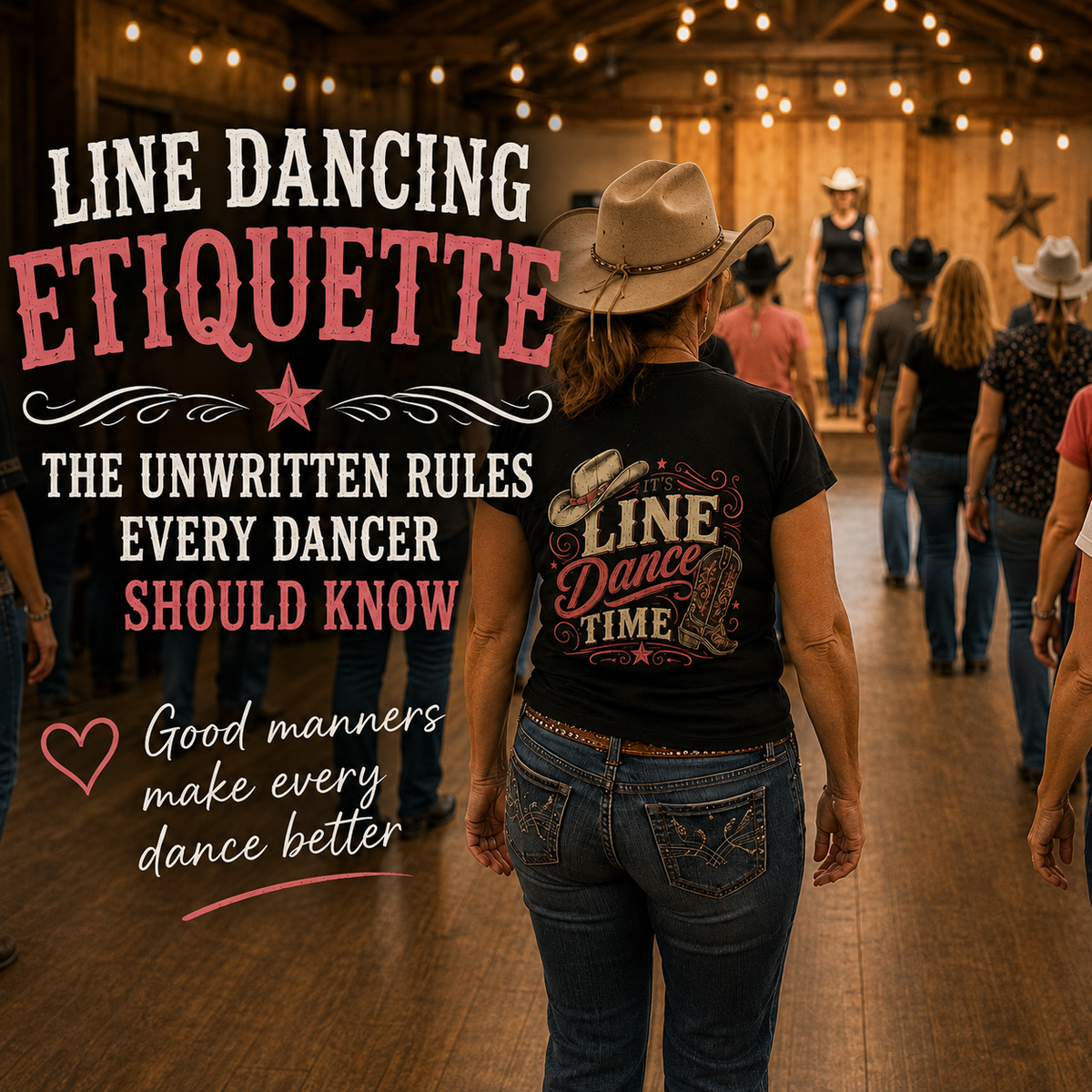Line dancers following dance-floor etiquette during a class in a rustic country dance hall.