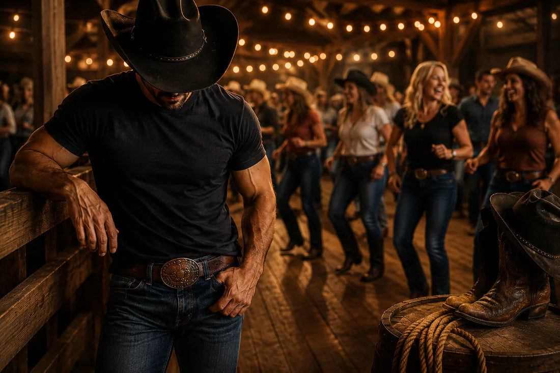 Country line dancer in a dance hall