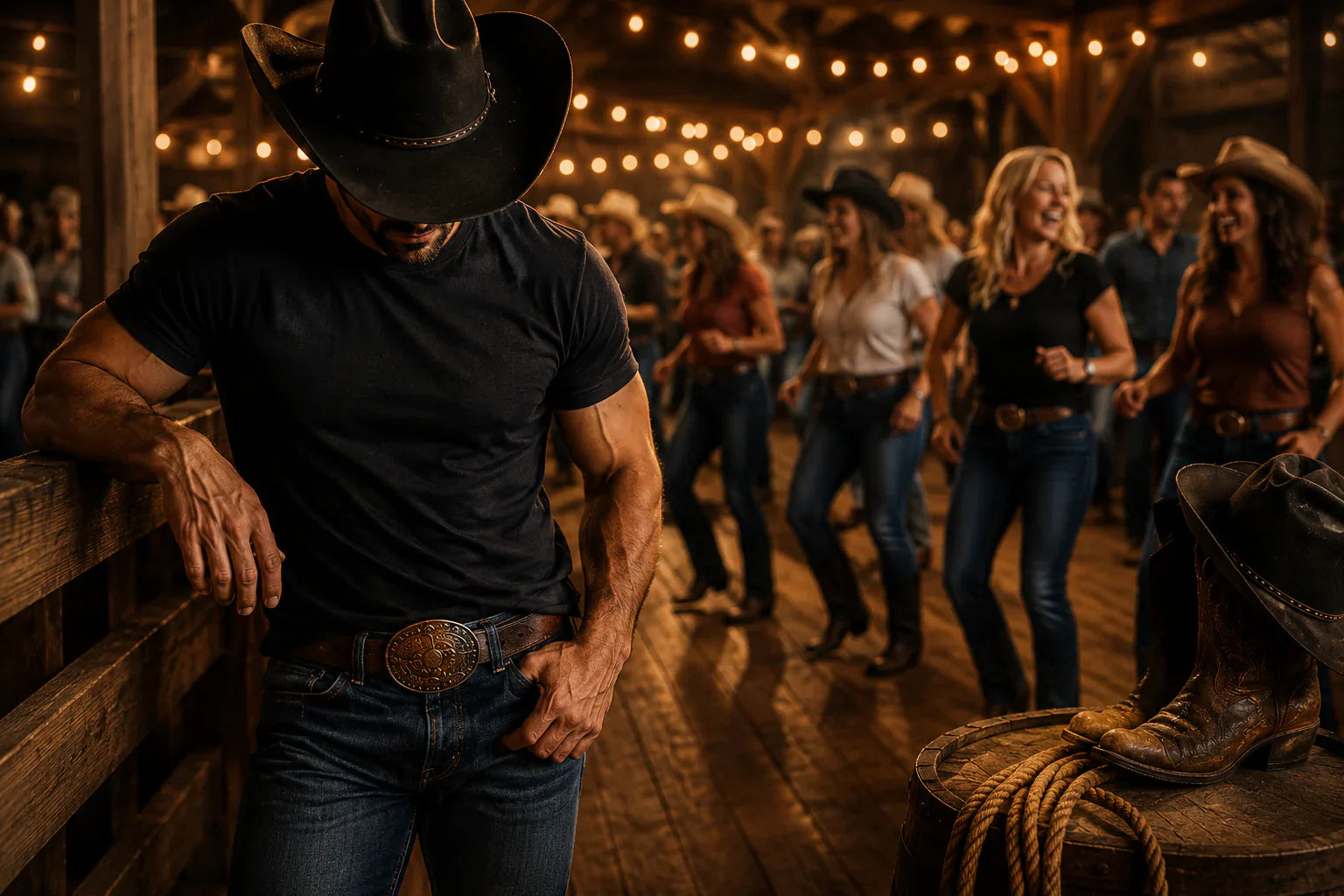 Country line dancer in a dance hall