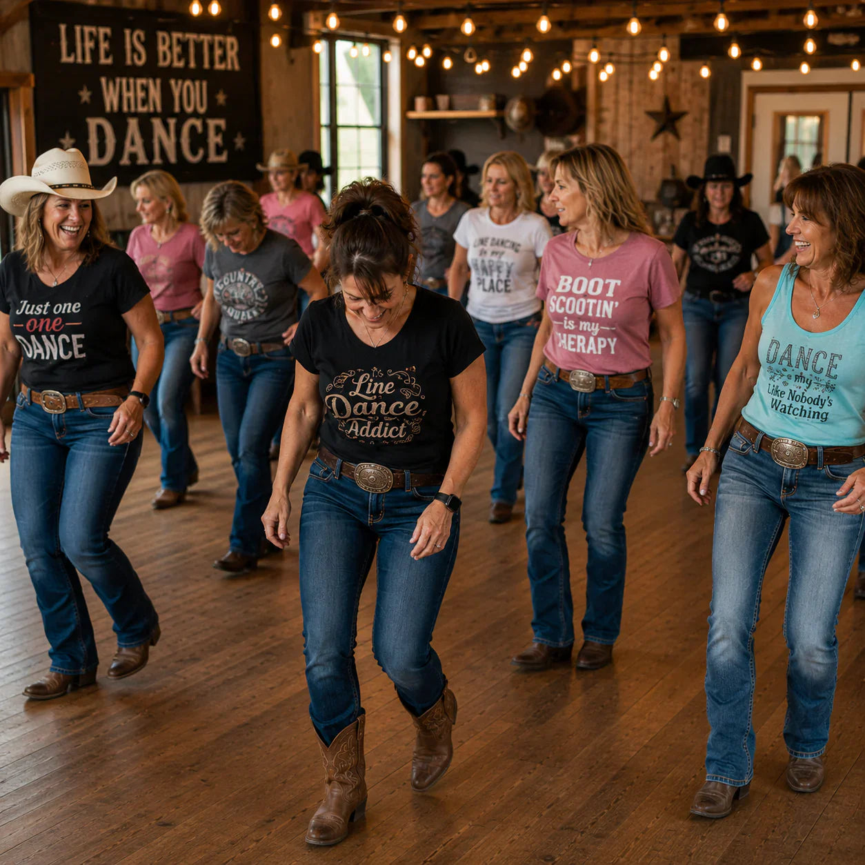 Line dancers enjoying a class in a country dance studio