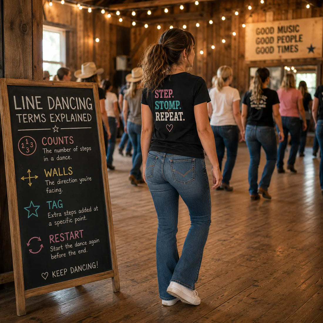 Line dancing terms explained in a country dance studio