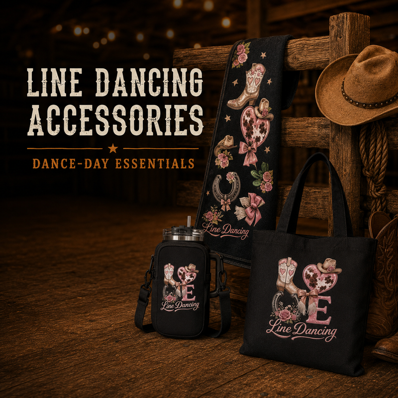 Line dancing accessories including quick-dry towel, tumbler carrier and tote bag