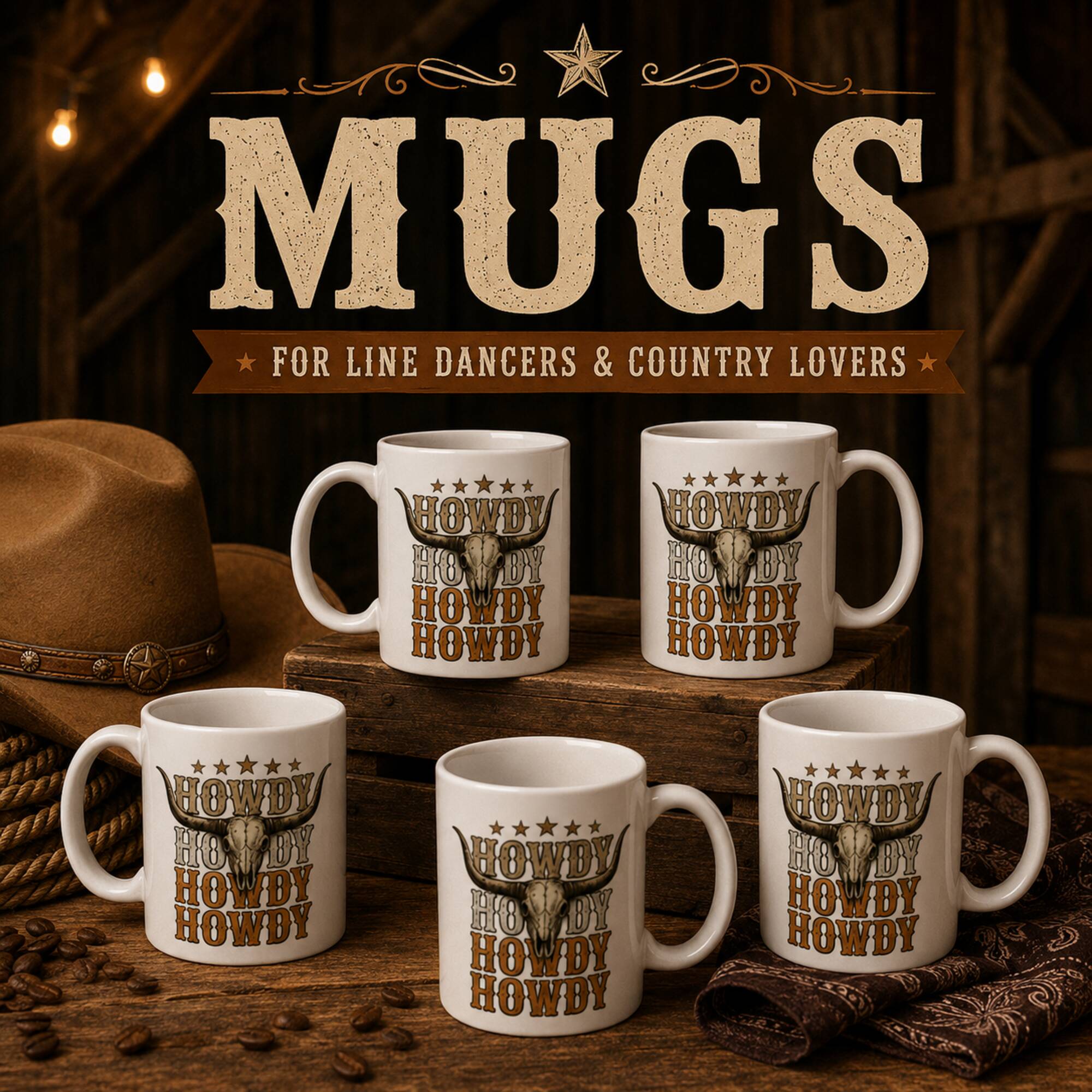 Line dancing and western themed coffee mugs