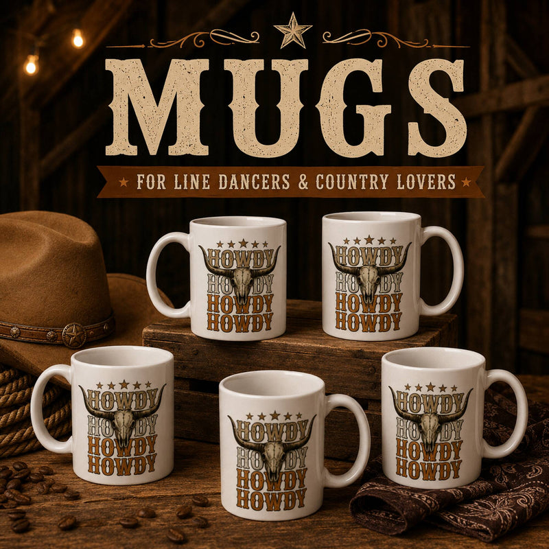 Line dancing and western themed coffee mugs