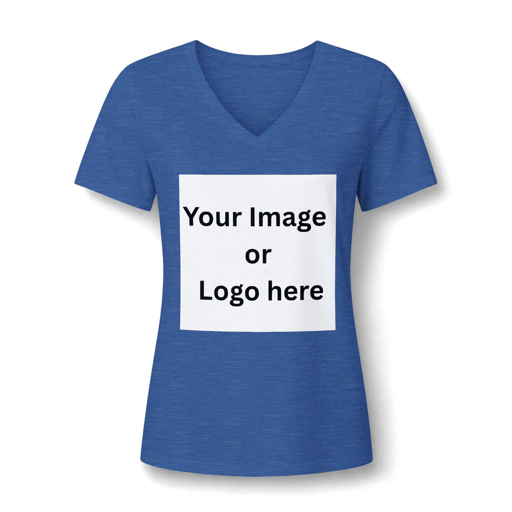Heather true royal women's relaxed V-neck T-shirt front with custom image or logo print area