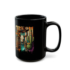 Close-up of the Southwestern Cowboy Skull design on a black ceramic mug