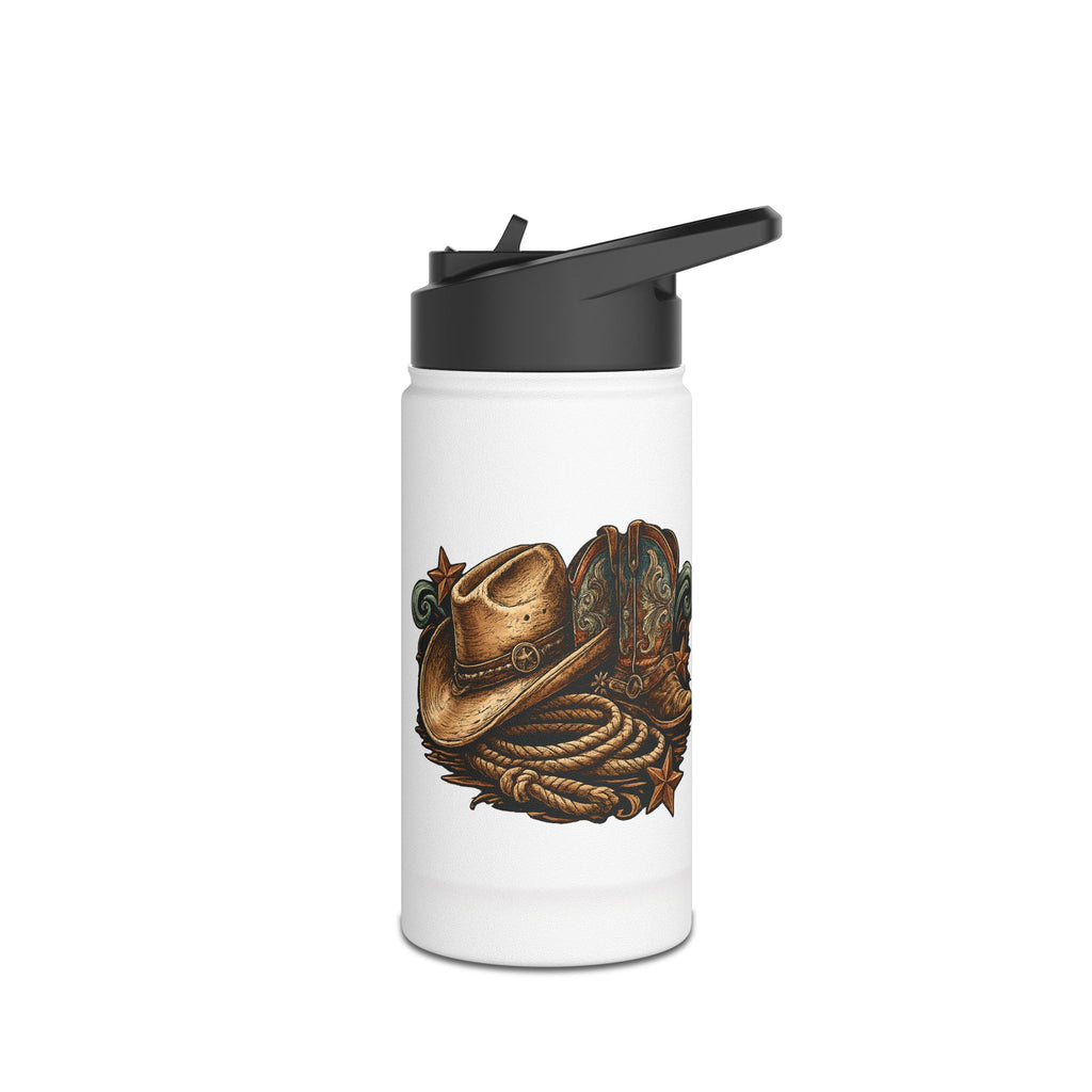 Close-up of the western design on the No Tags, No Restarts, Let's Move bottle