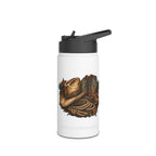 Close-up of the western design on the No Tags, No Restarts, Let's Move bottle