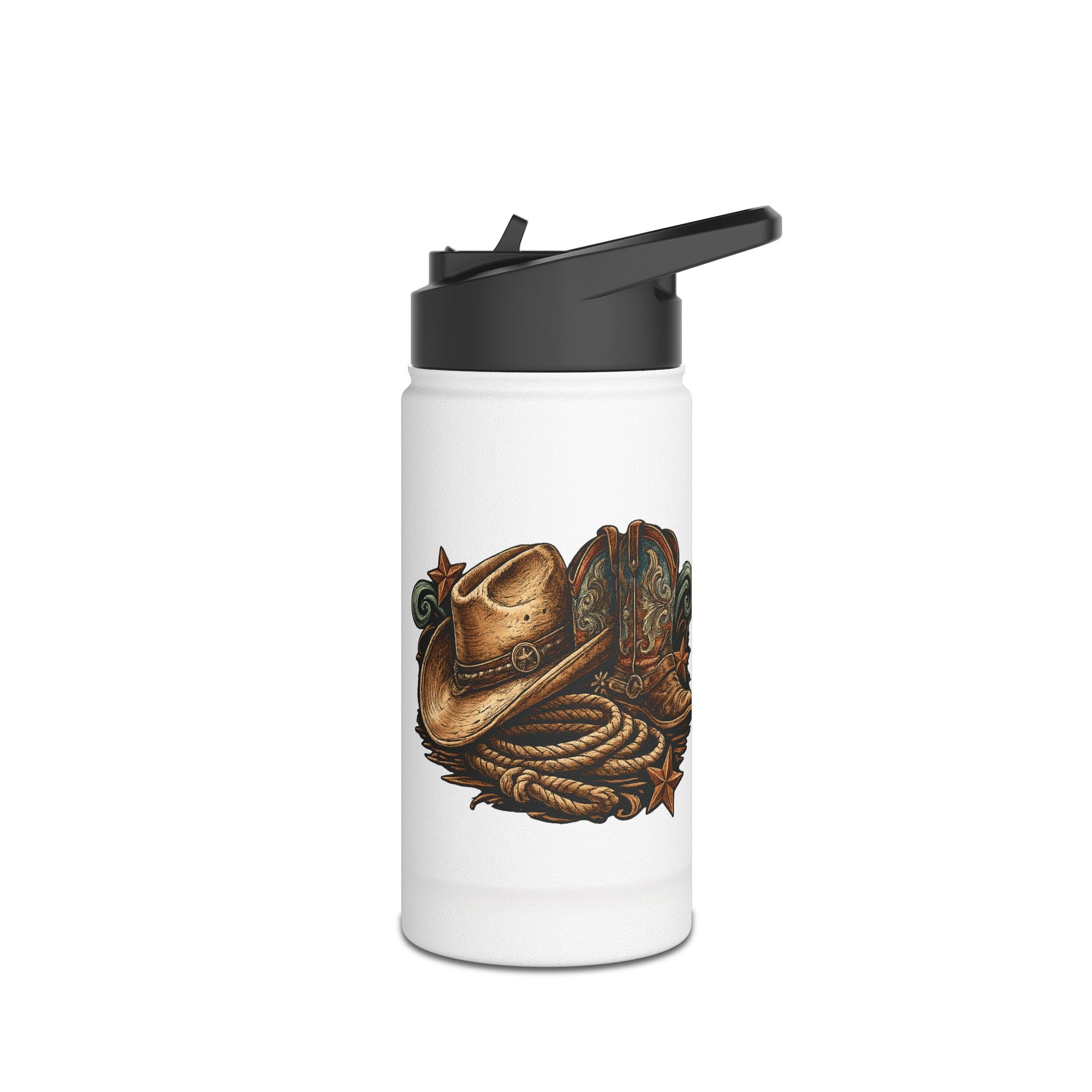 Close-up of the western design on the No Tags, No Restarts, Let's Move bottle