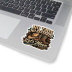 Close-up of the No Tags, No Restarts, Let's Move western sticker design