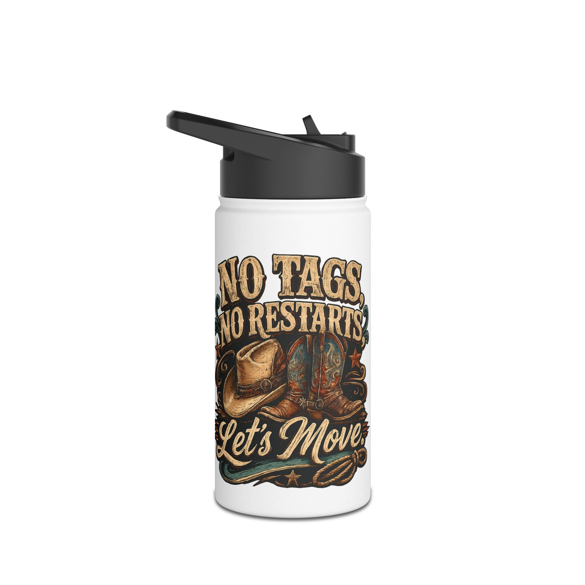 No Tags, No Restarts, Let's Move bottle shown from an alternate angle