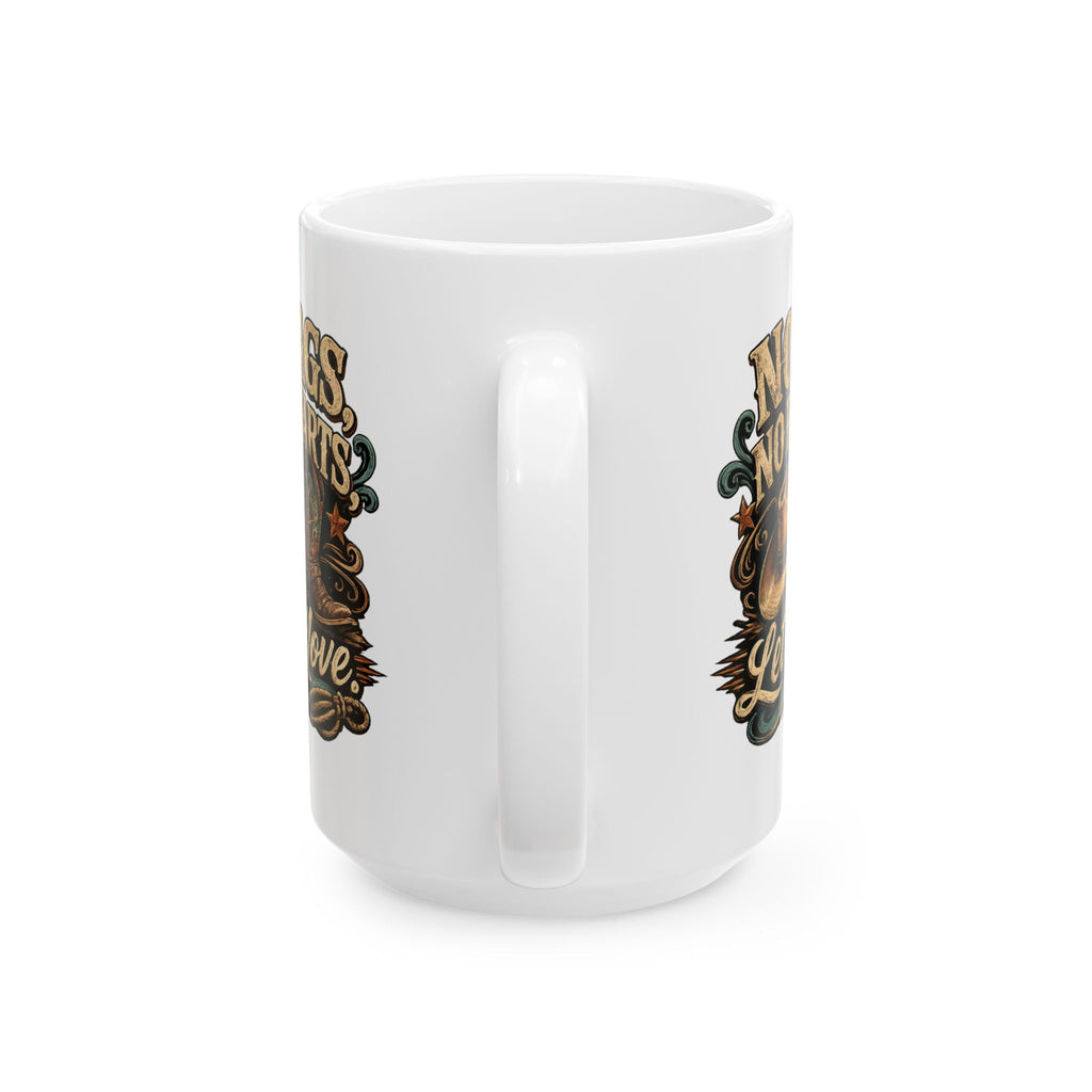 Close-up of the No Tags, No Restarts, Let's Move mug design