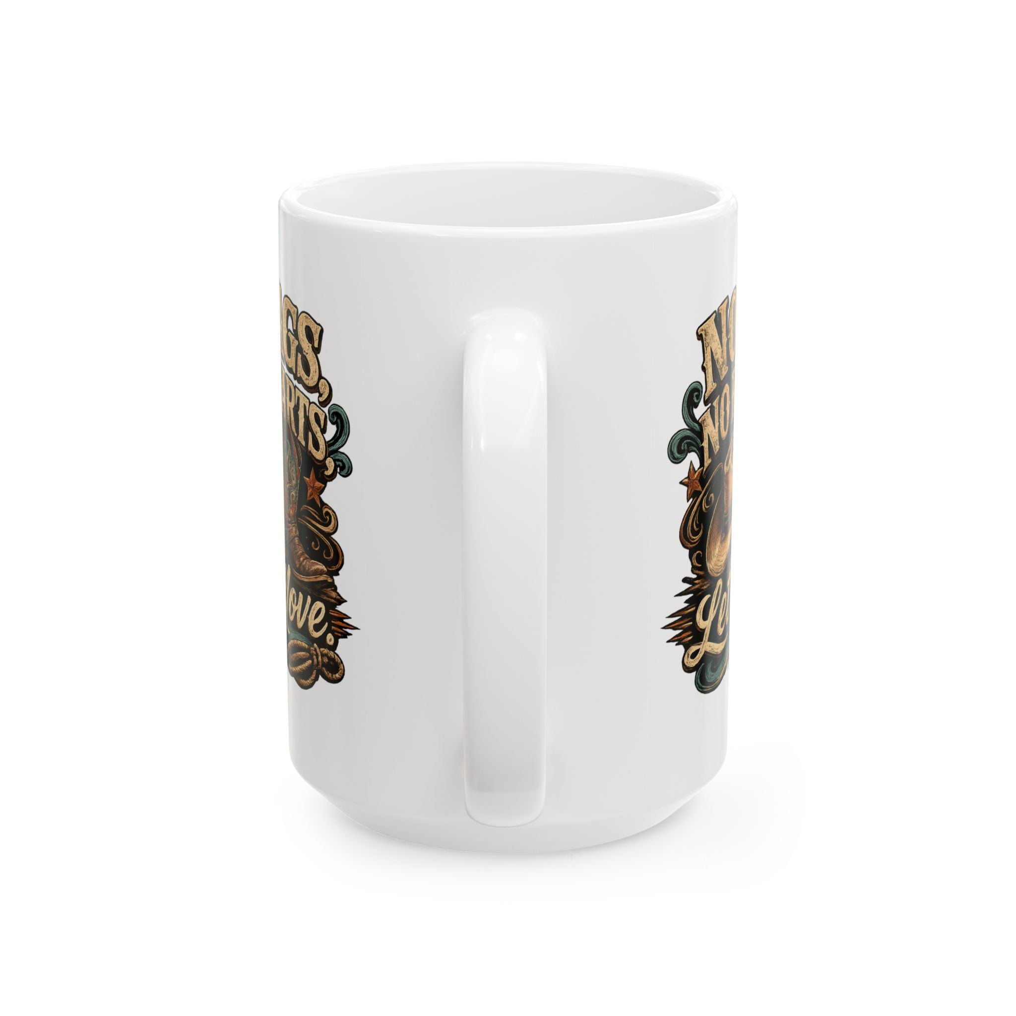 Close-up of the No Tags, No Restarts, Let's Move mug design