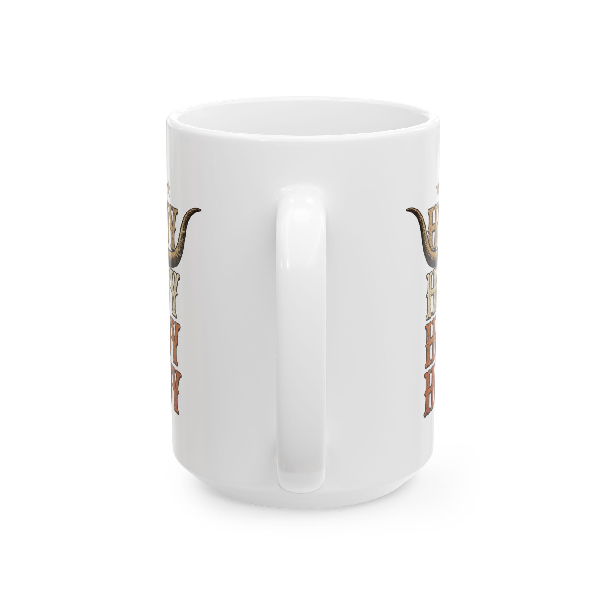 Close-up of the longhorn design on the Howdy Cowboy ceramic mug
