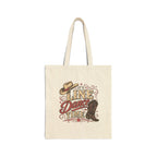 Black cotton canvas tote bag featuring cowboy boots, hat and vintage line dancing lettering.
