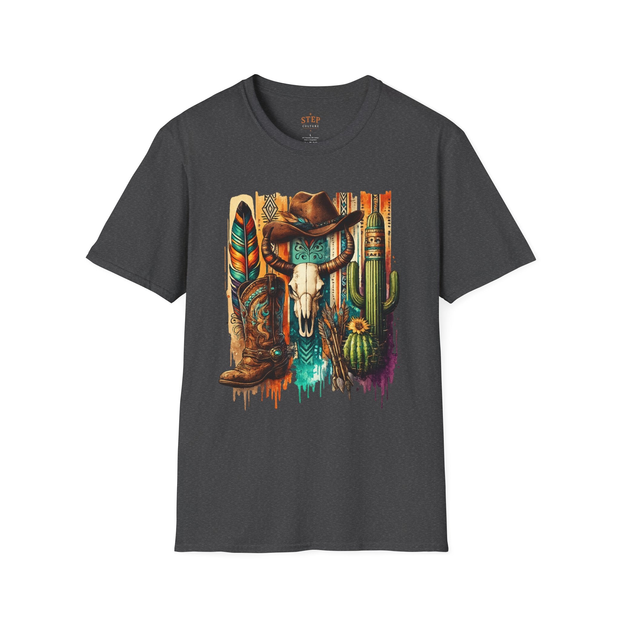 Southwestern cowboy skull and cactus graphic T-shirt product view