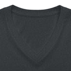 Dark grey heather personalised women's relaxed V-neck T-shirt fabric and neckline detail