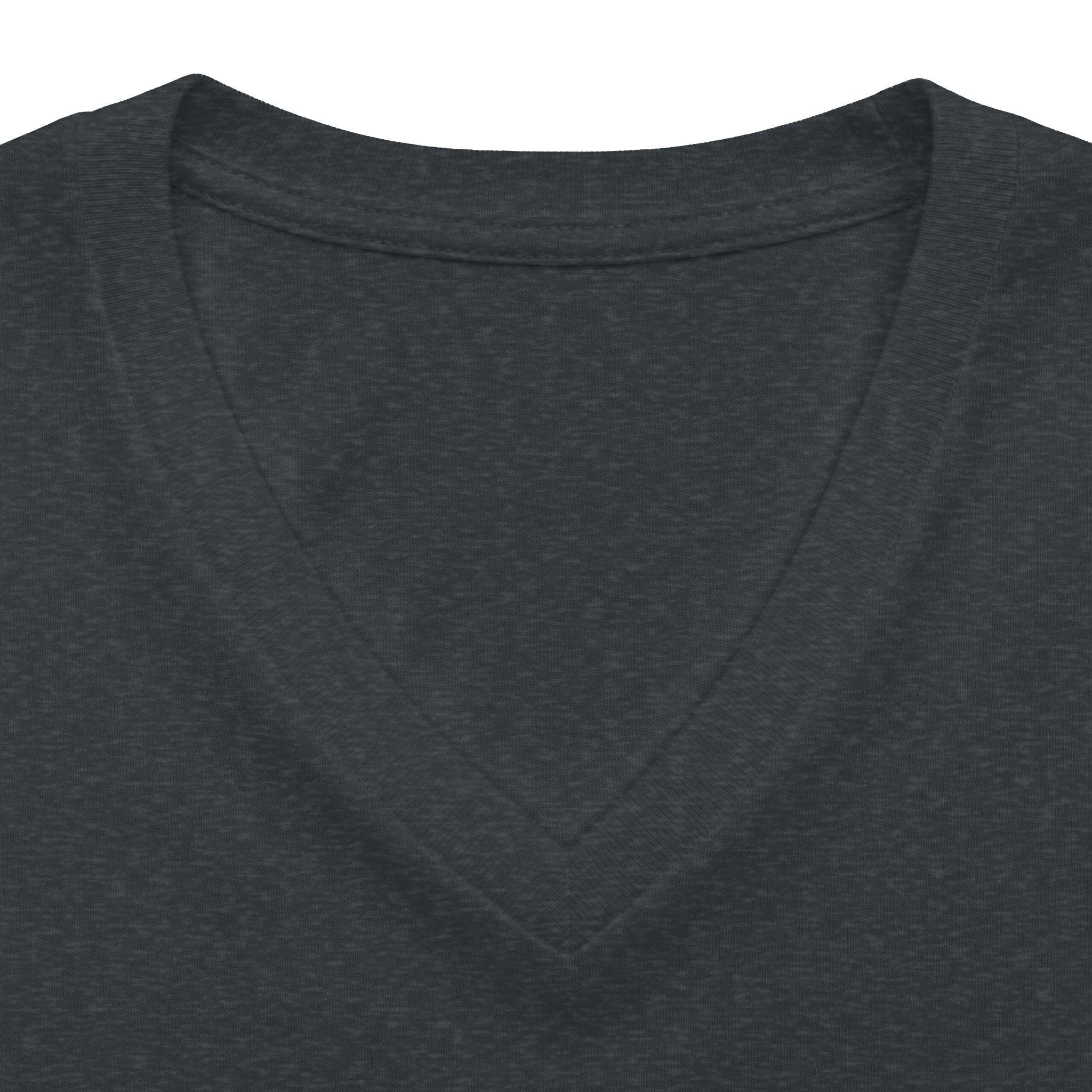 Dark grey heather personalised women's relaxed V-neck T-shirt fabric and neckline detail