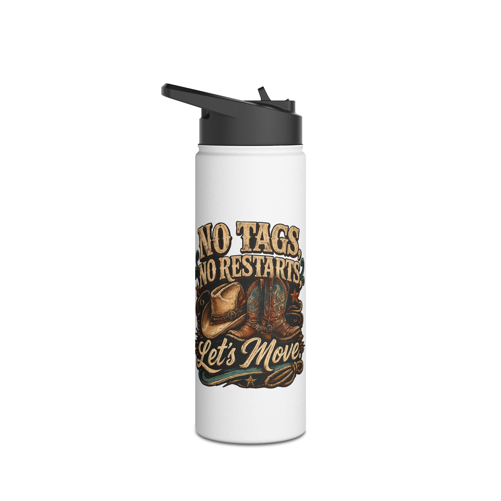 Personalisation detail on the No Tags, No Restarts, Let's Move bottle