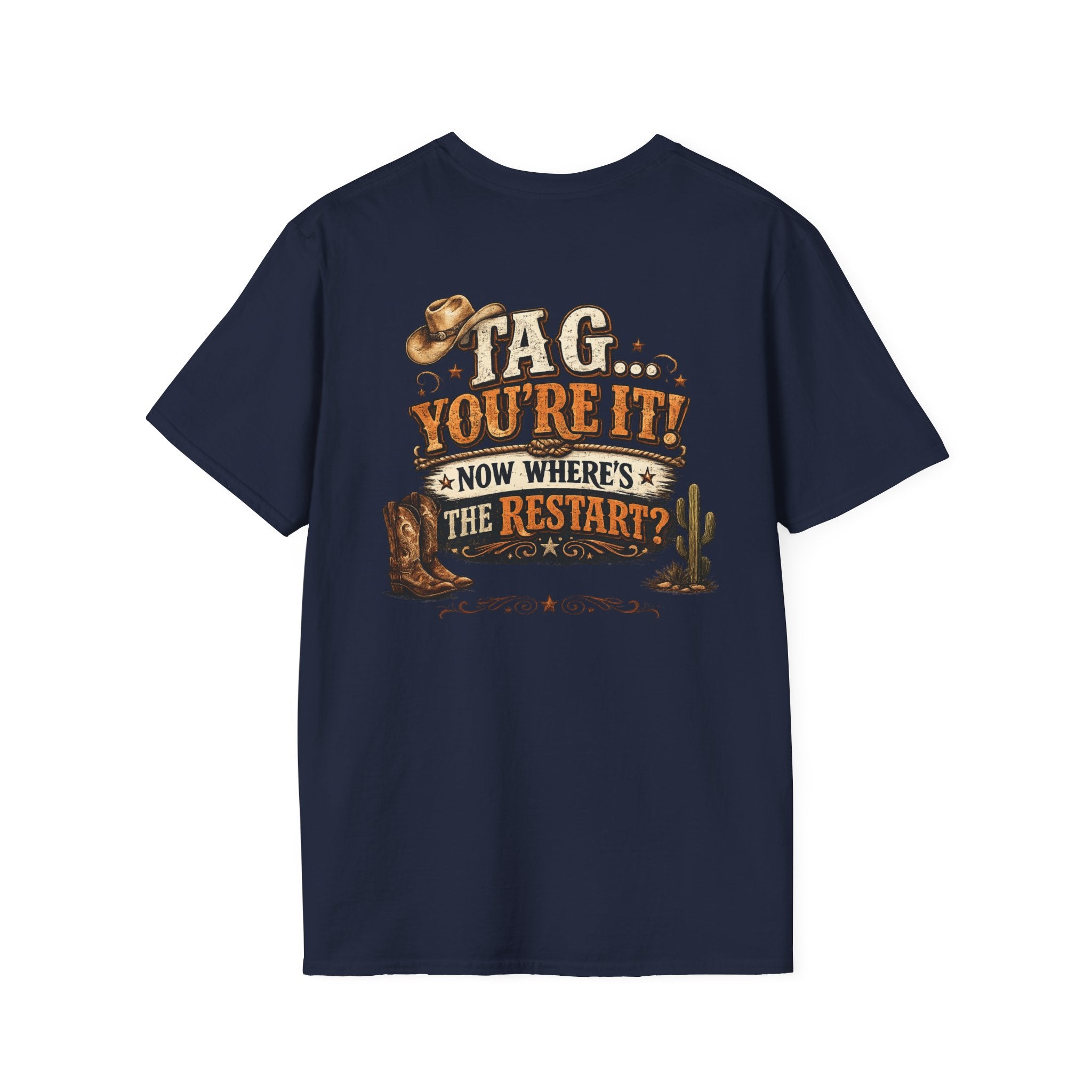 Tag You're It Now Where's the Restart western graphic tee shown in another colour