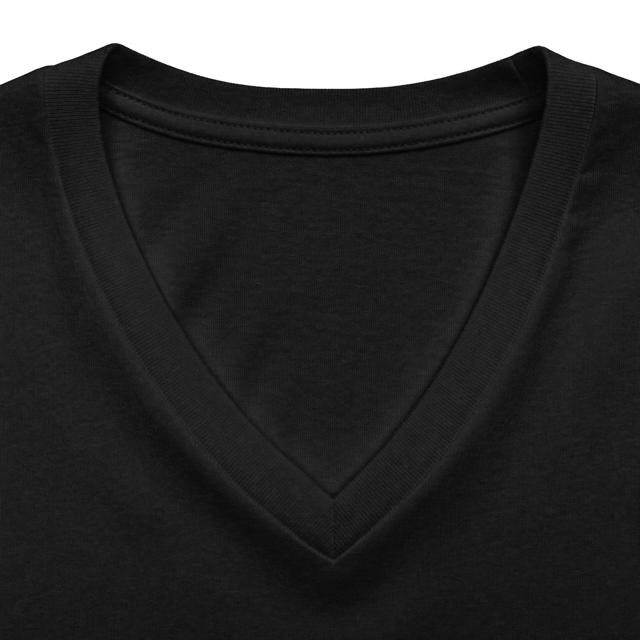 Solid black personalised women's relaxed V-neck T-shirt fabric and neckline detail