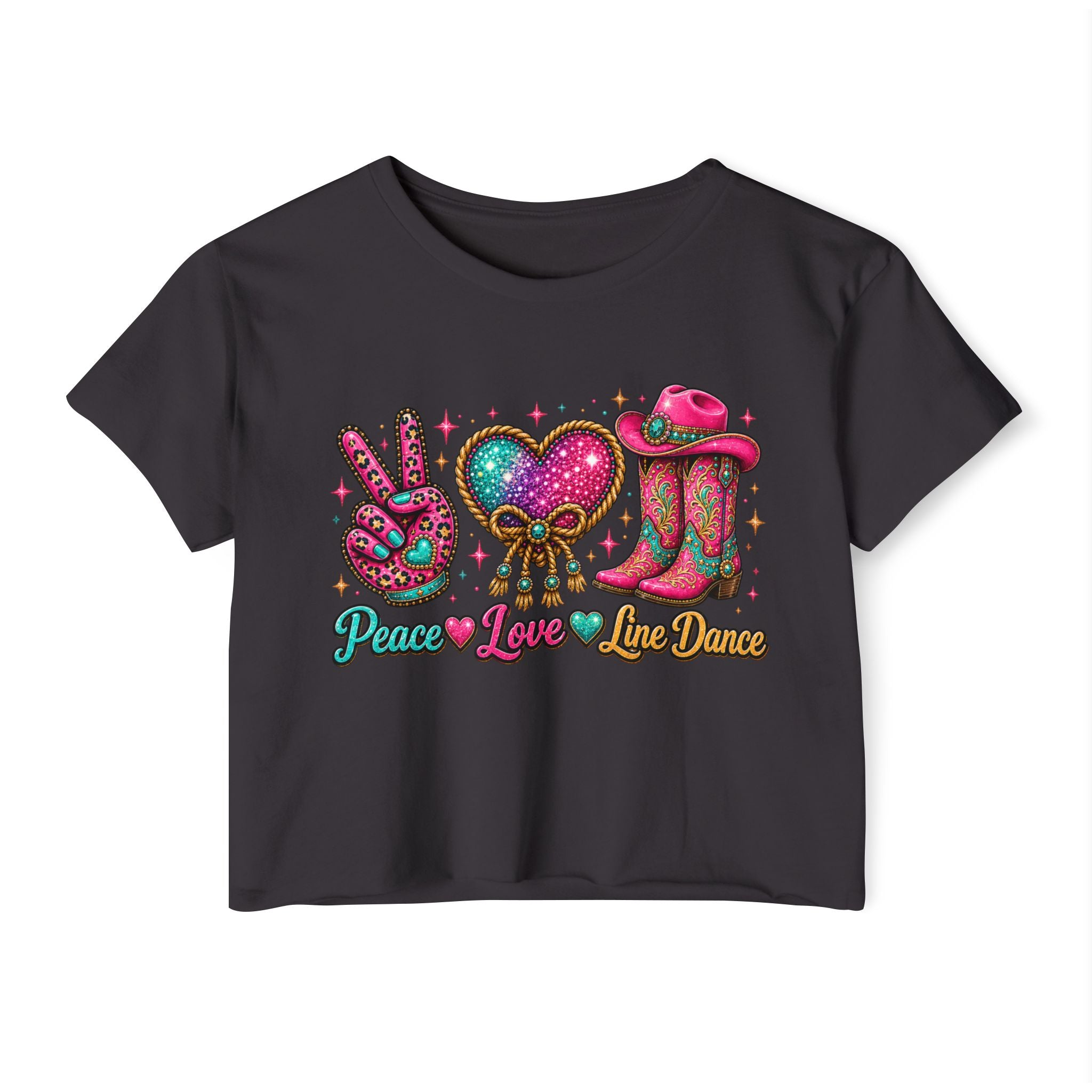 Black Peace Love Line Dance glitter cowgirl festival crop top