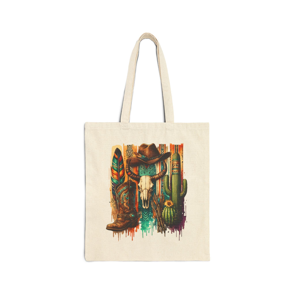 Black canvas tote bag with colourful cowboy skull and cactus western artwork.