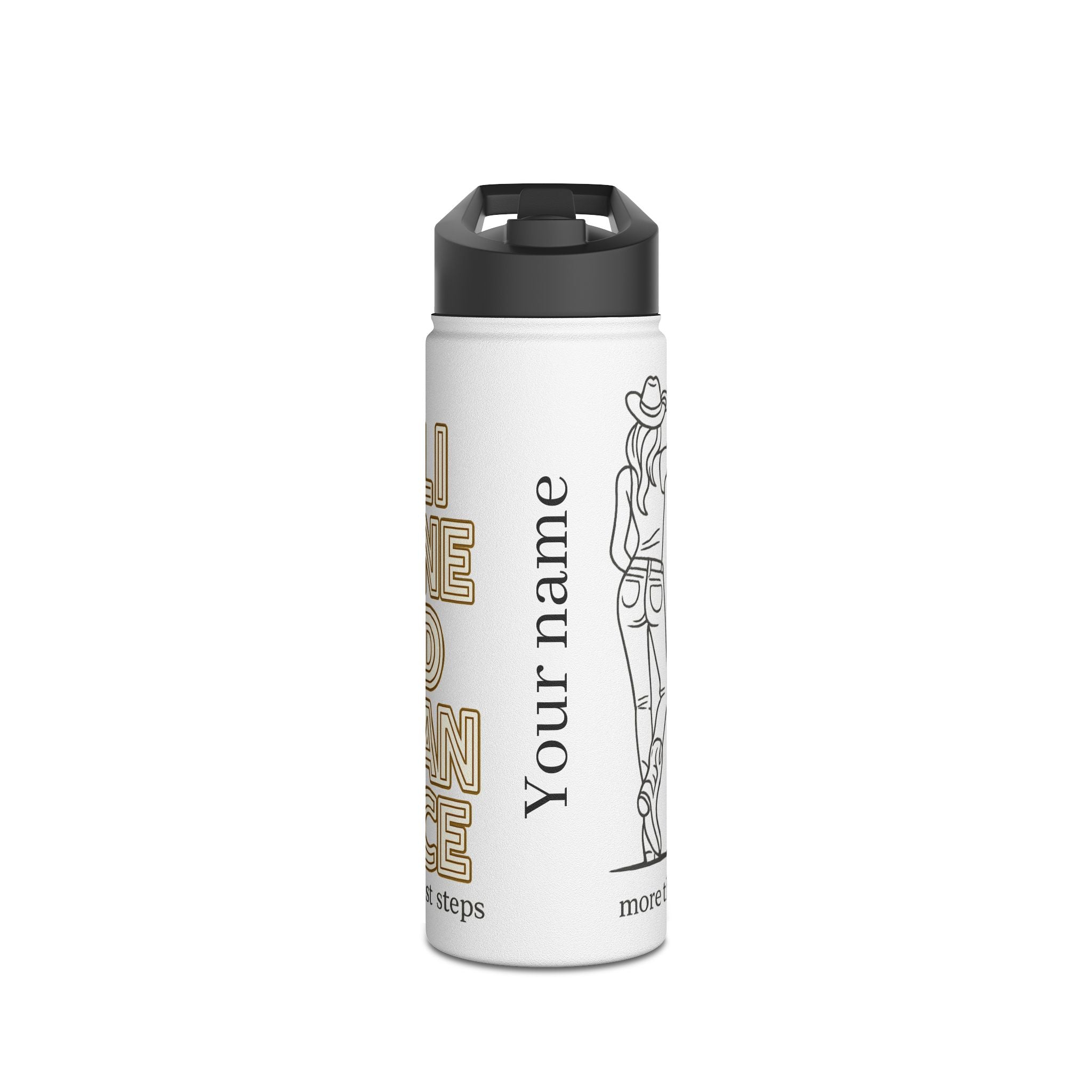 Personalised Line Dance stainless steel water bottle with cowgirl artwork and custom name – product view 2