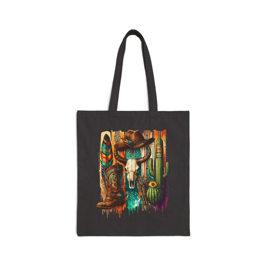 Natural canvas tote bag with colourful cowboy skull and cactus western artwork.