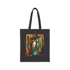 Natural canvas tote bag with colourful cowboy skull and cactus western artwork.