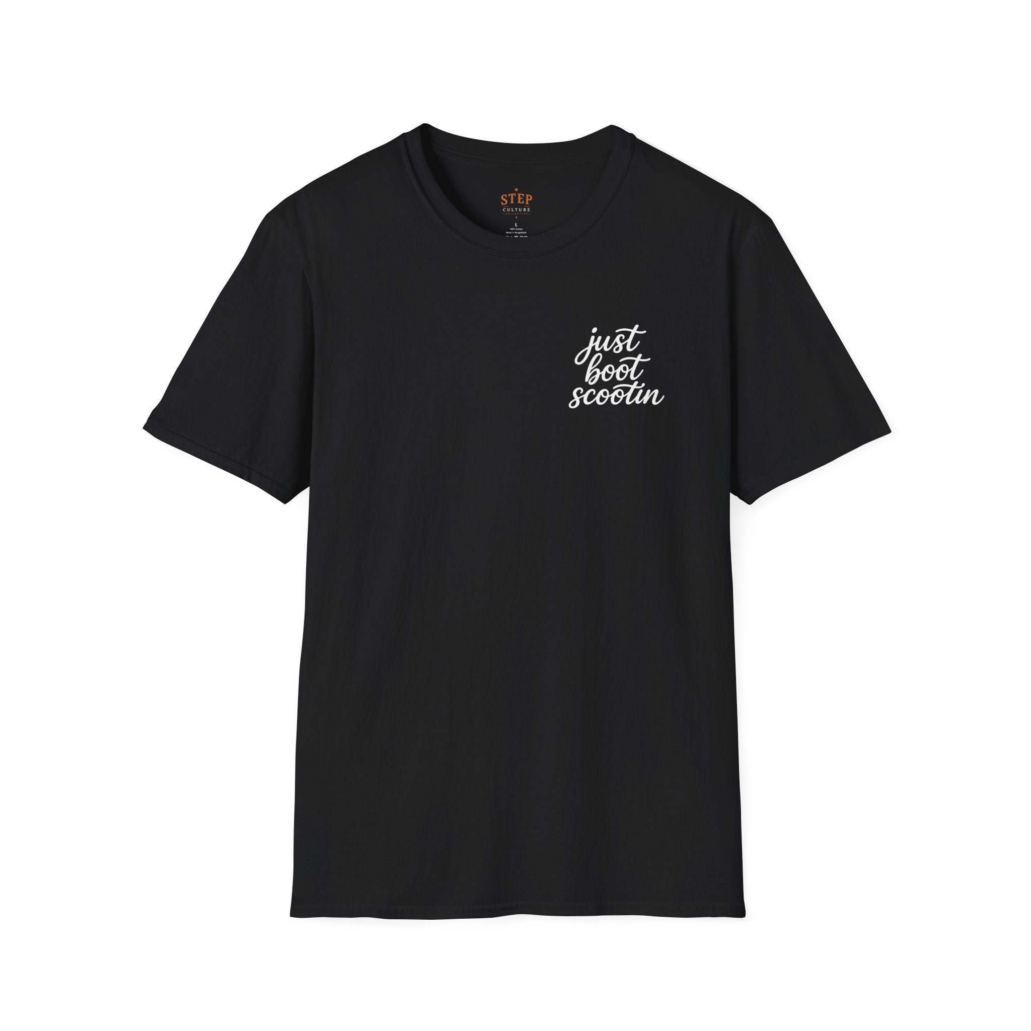 Just Boot Scootin line dancing T-shirt front product mockup