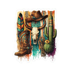 Western boho cow skull, cowboy boot and cactus kiss-cut sticker shown from the front