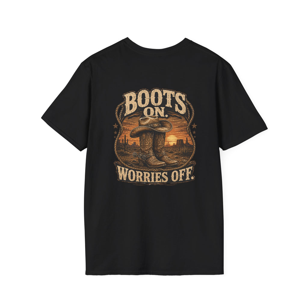 Boots On Worries Off western lifestyle tee front product mockup