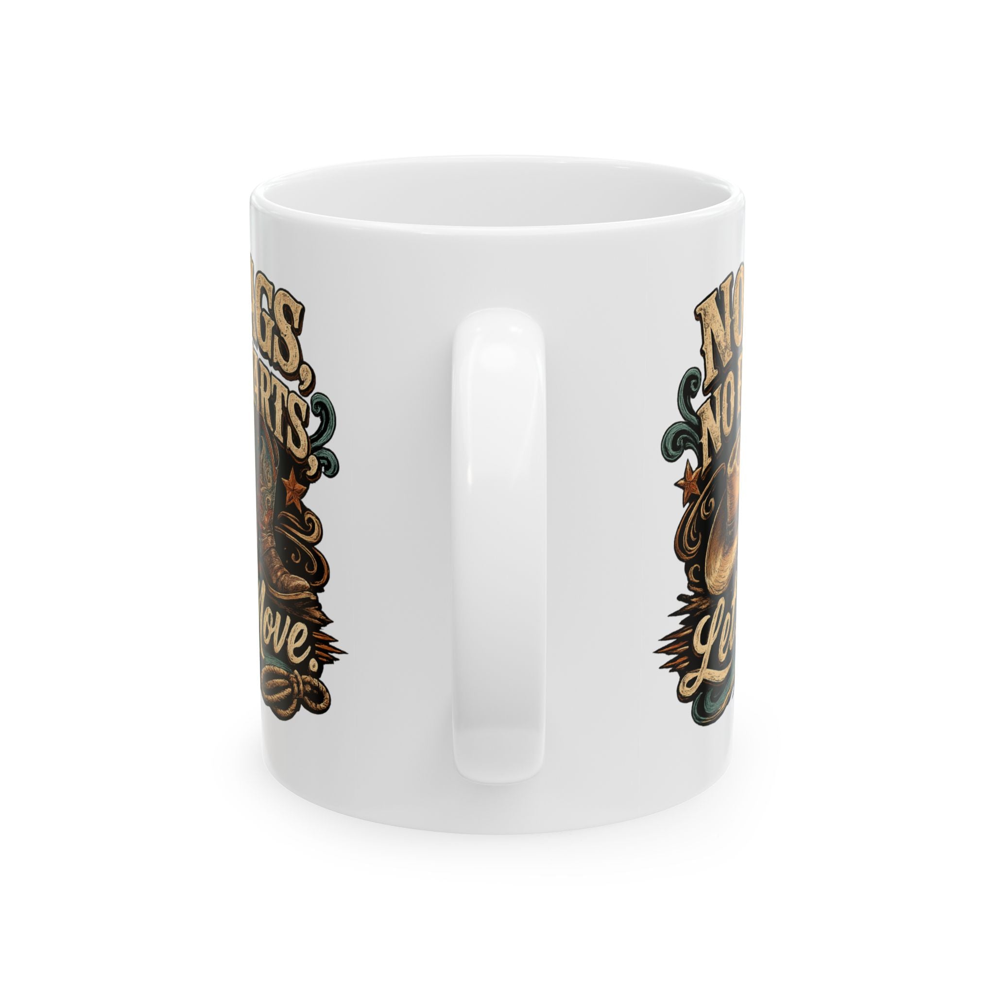 No Tags, No Restarts, Let's Move mug shown from the opposite side