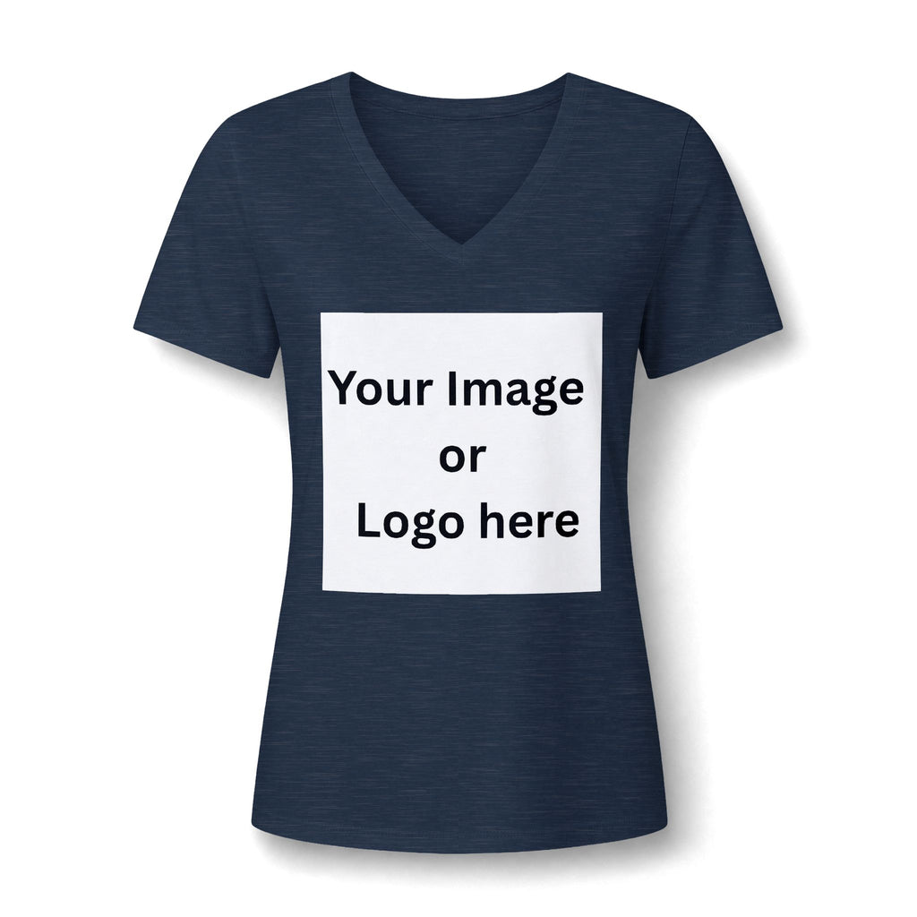 Heather navy women's relaxed V-neck T-shirt front with custom image or logo print area