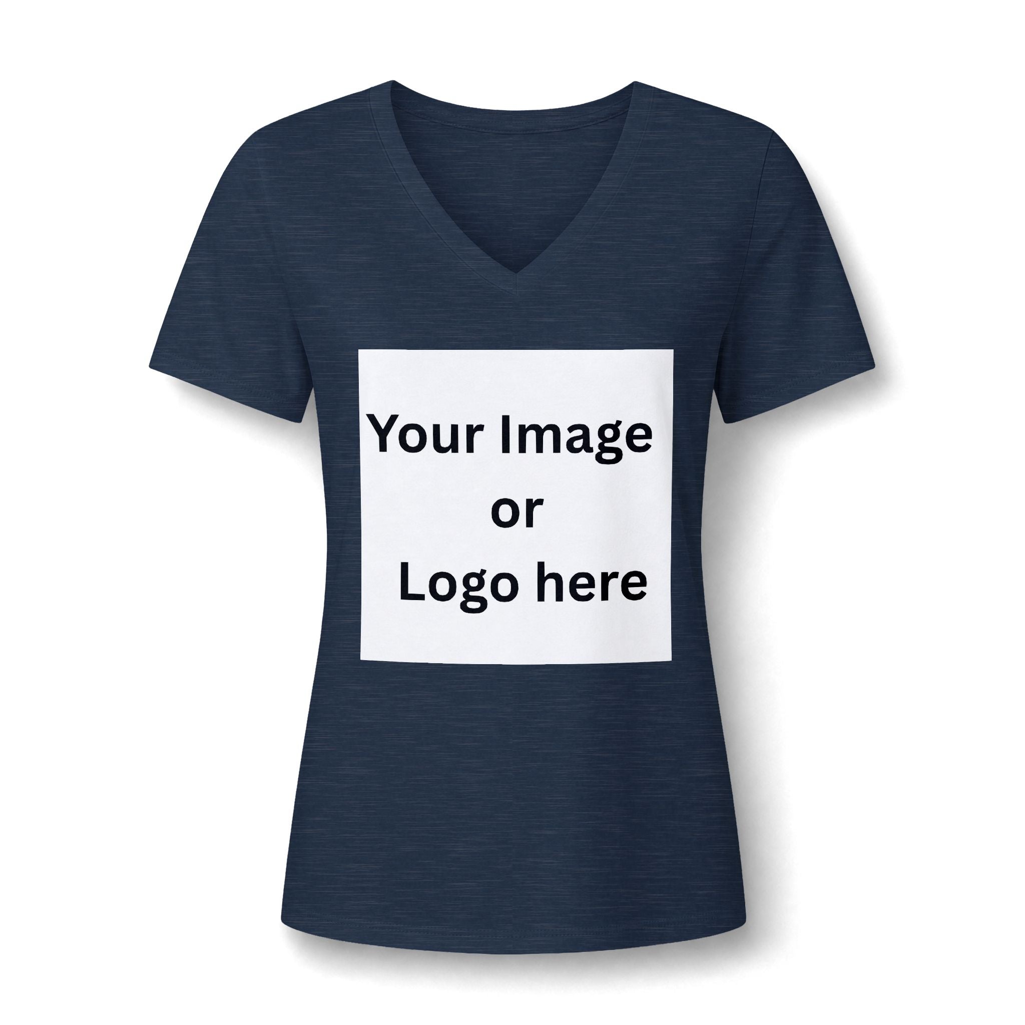 Heather navy women's relaxed V-neck T-shirt front with custom image or logo print area