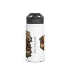 No Tags, No Restarts, Let's Move personalised stainless steel bottle shown from the front