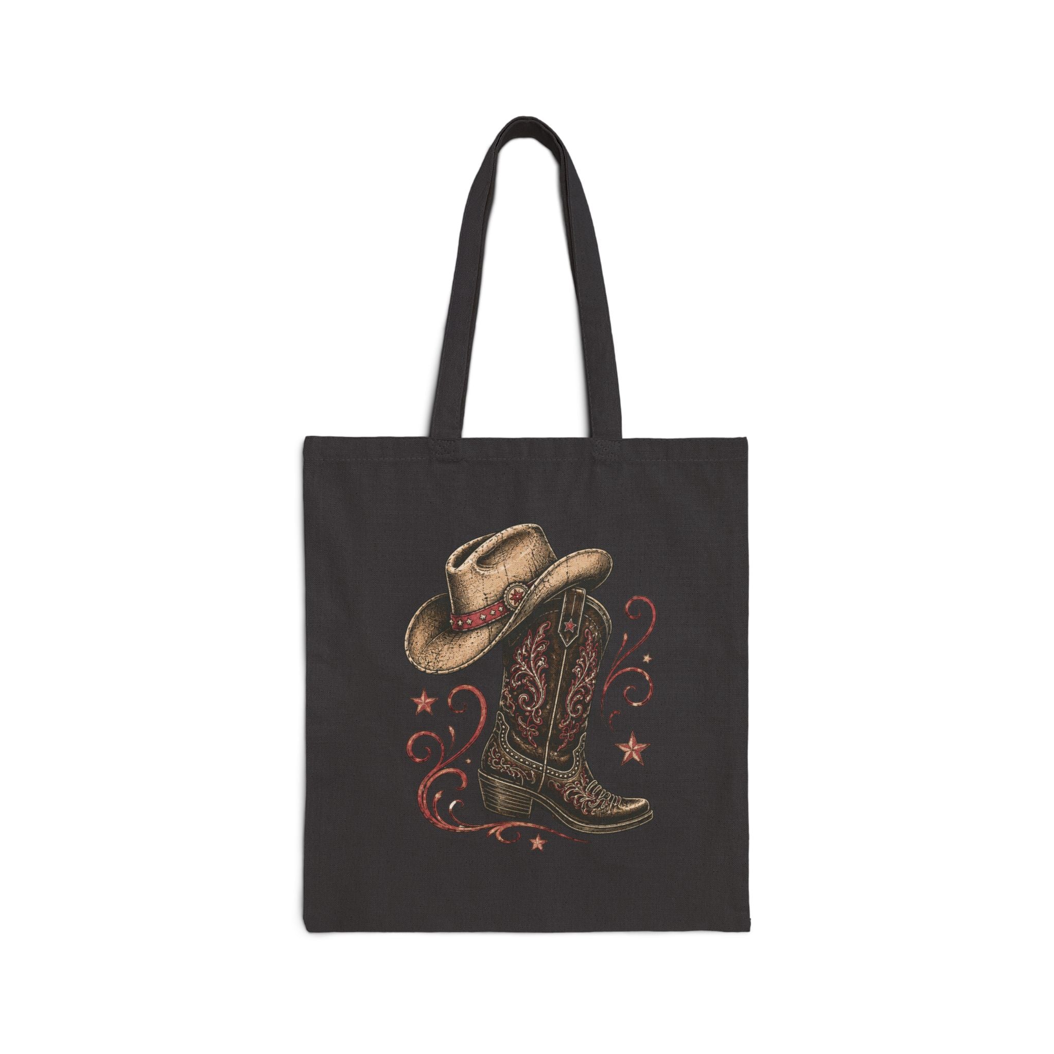 Close-up of the natural canvas tote’s distressed ‘It’s Line Dance Time’ print.