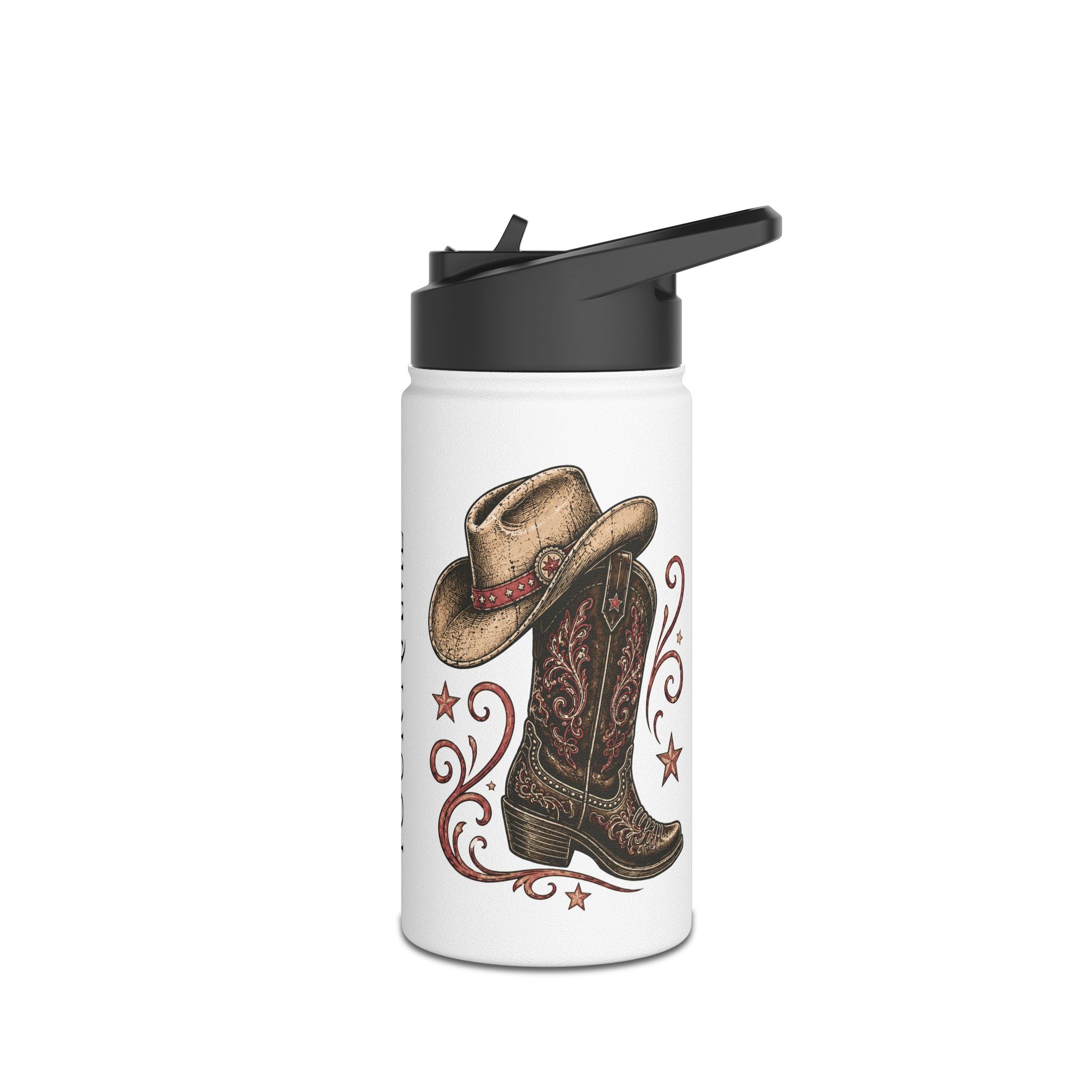 It's Line Dance Time stainless steel bottle shown from an alternate angle