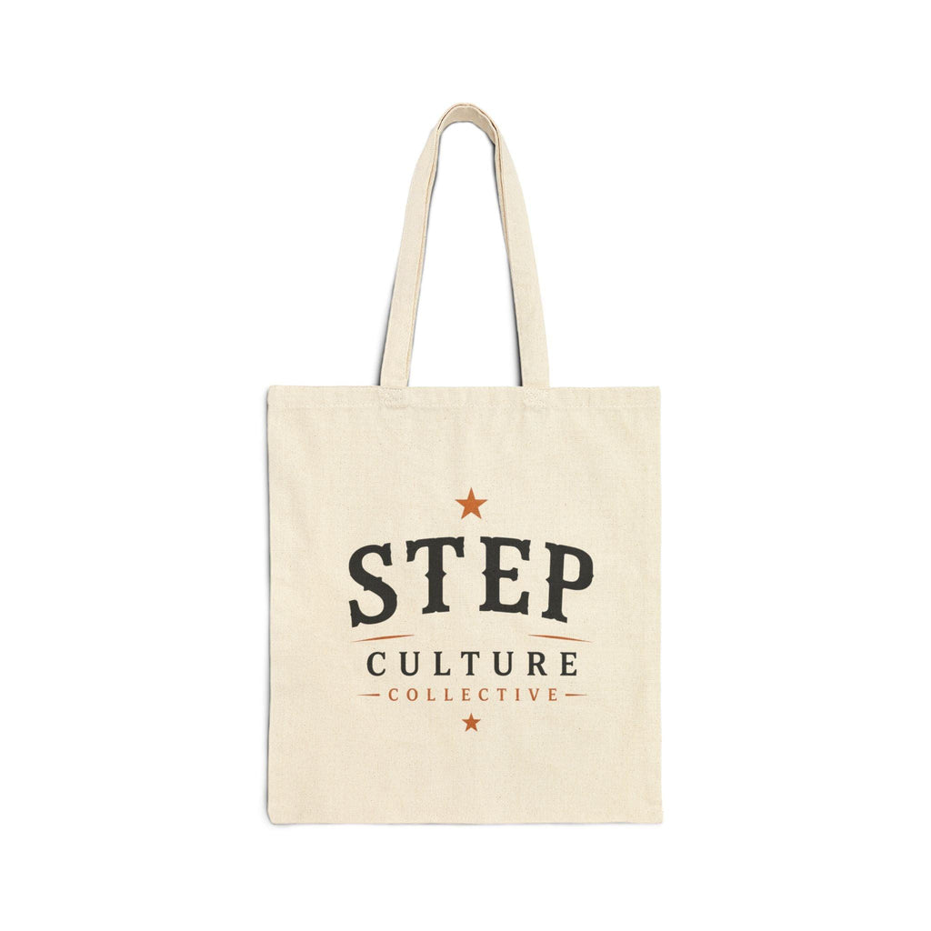 Natural canvas tote bag with Step Culture Collective branding on a clean product background.