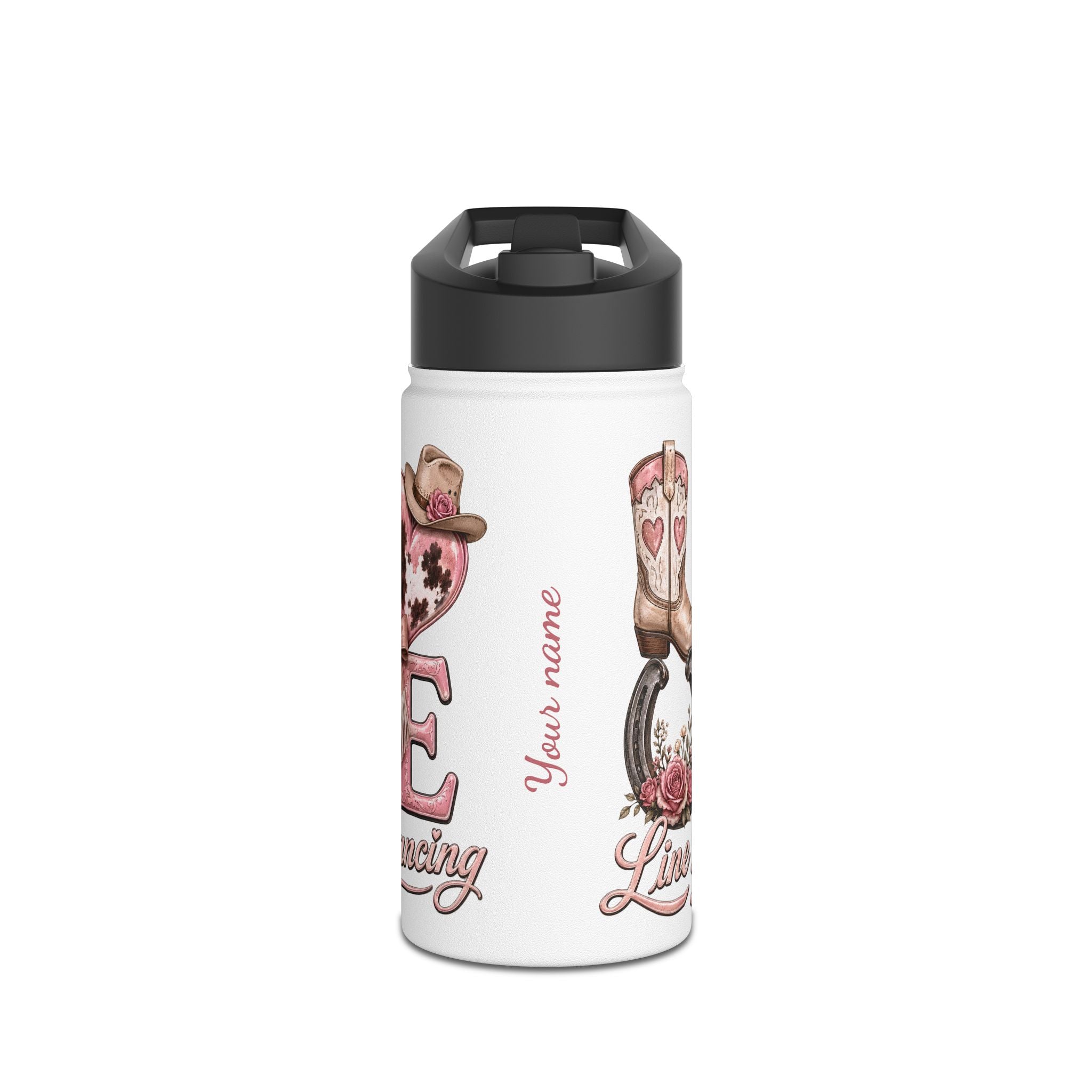 Personalised Love Line Dancing stainless steel bottle with glitter heart and custom name – product view 1