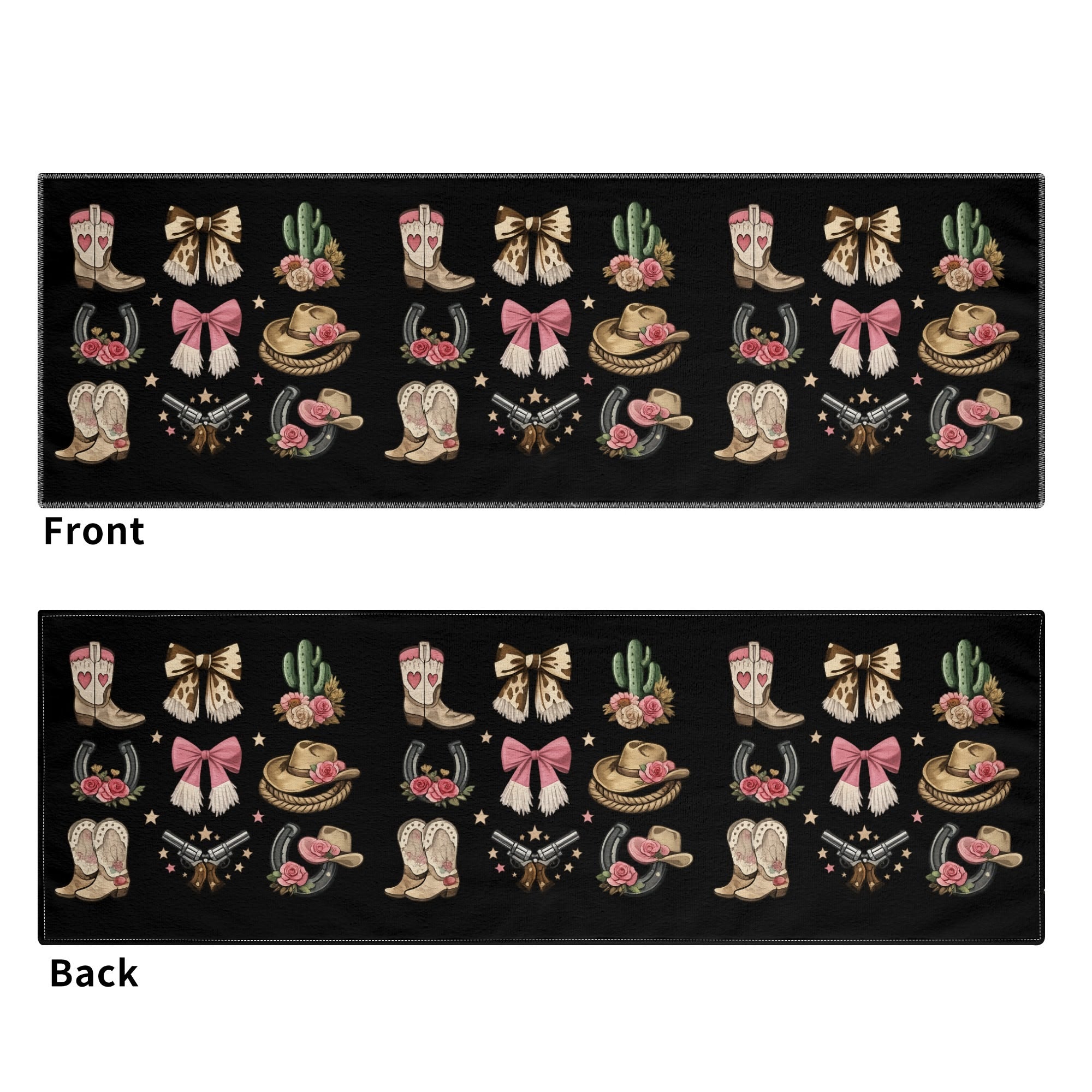 Front and back of black western cowgirl sports towel with pink boots, bows, hats and floral icons