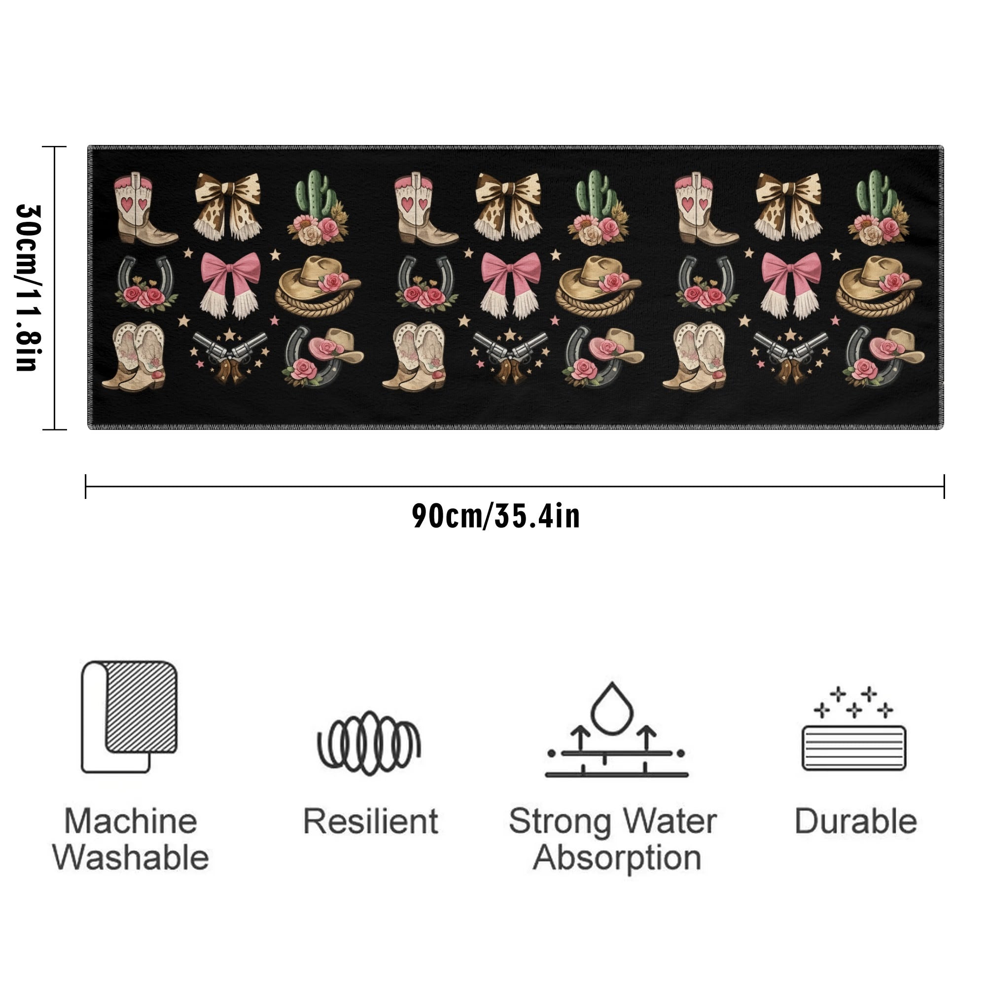 Western cowgirl sports towel size guide showing 30 by 90 centimetres and product features