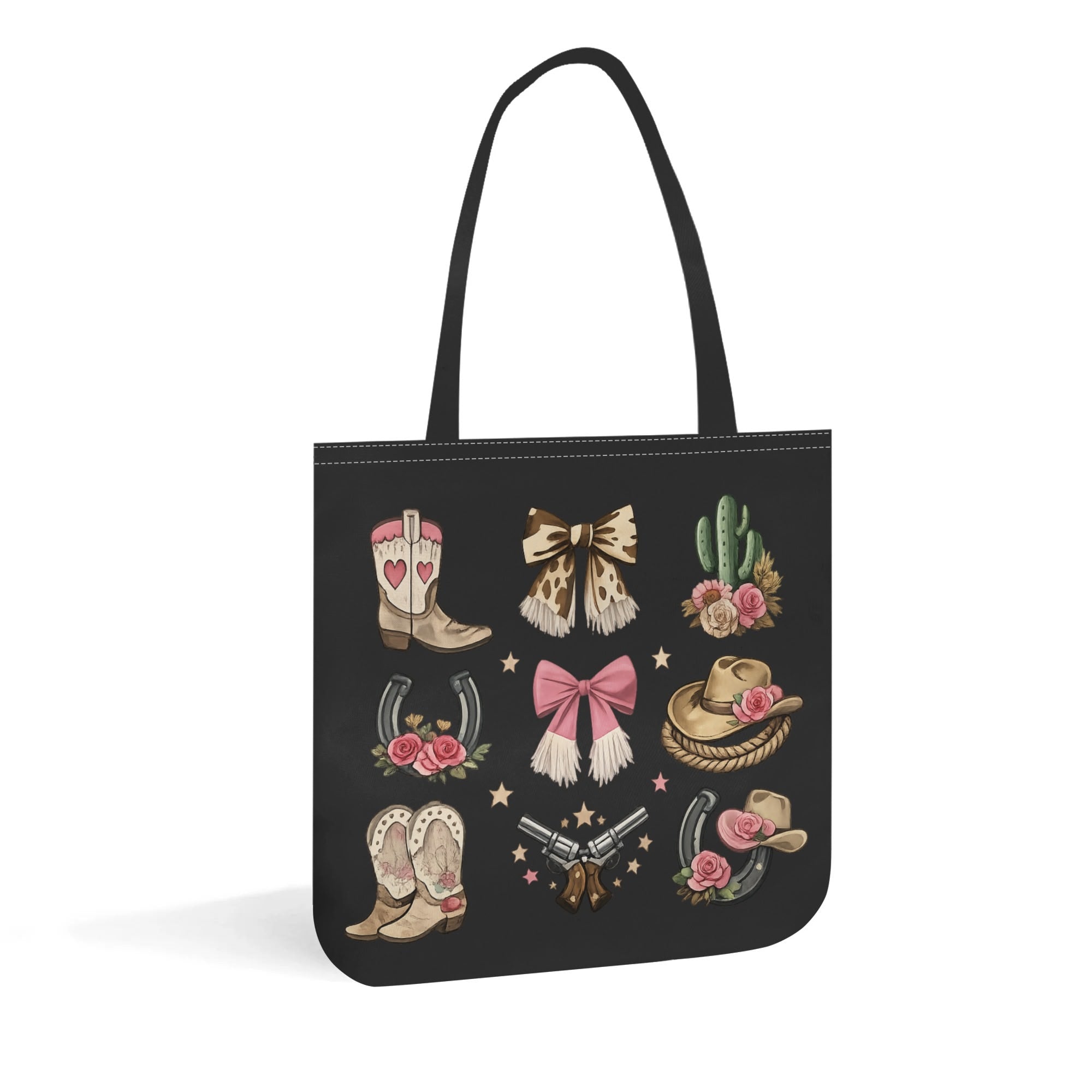 Angled view of black western cowgirl cloth tote bag with sturdy shoulder straps