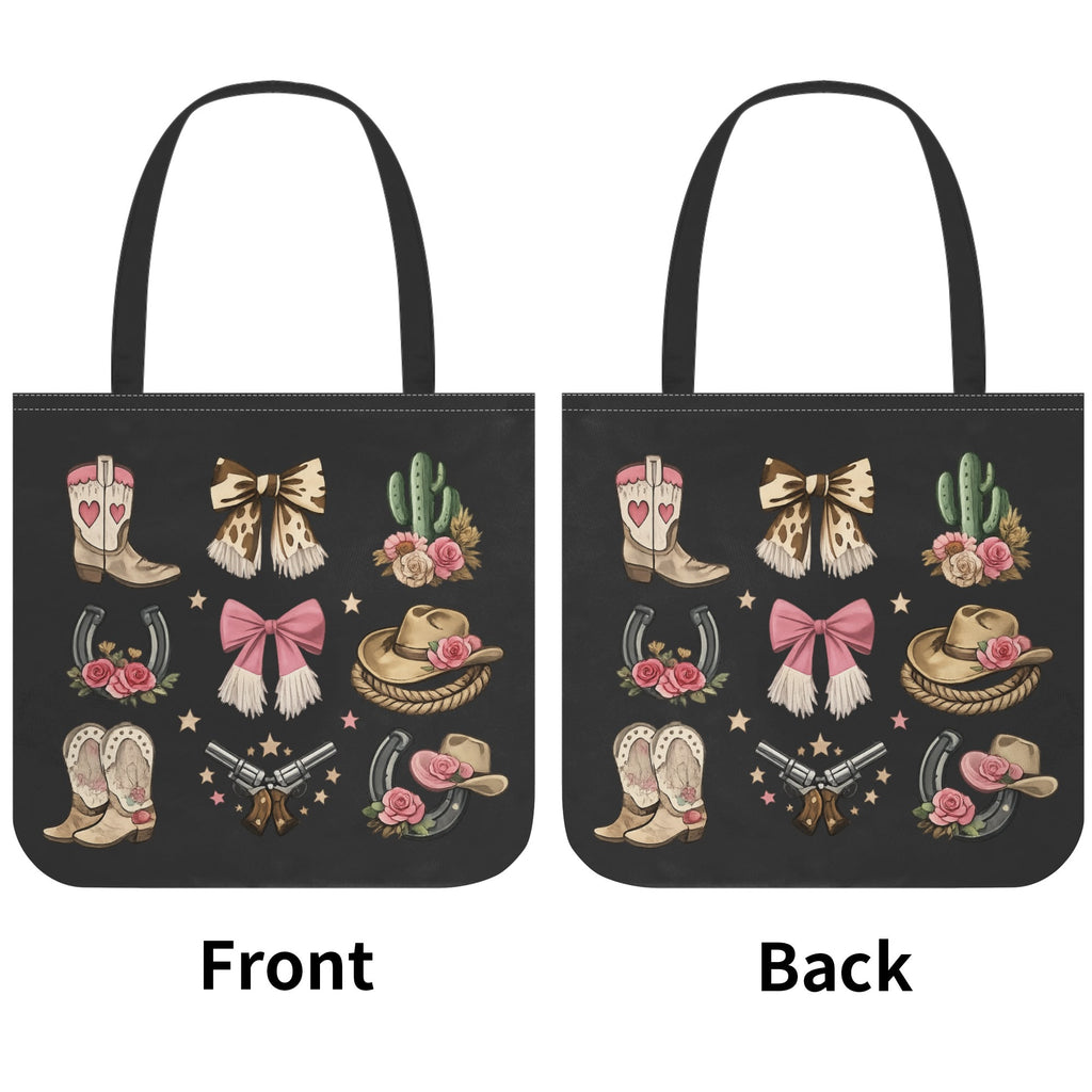 Front and back views of the double-sided western cowgirl tote bag